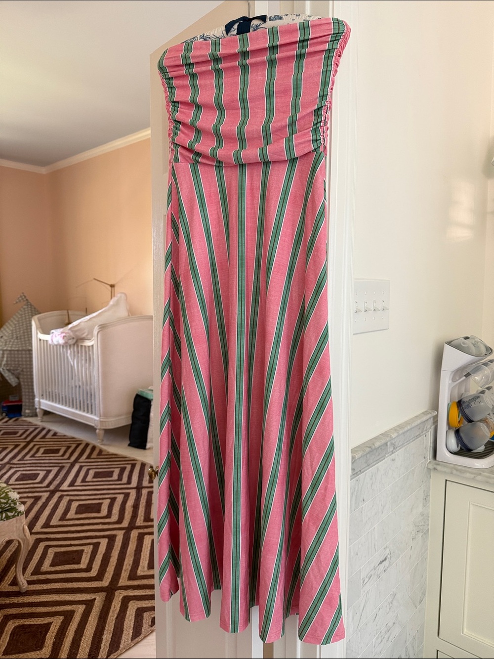 Striped Pink, Green & White Strapless Maxi Dress